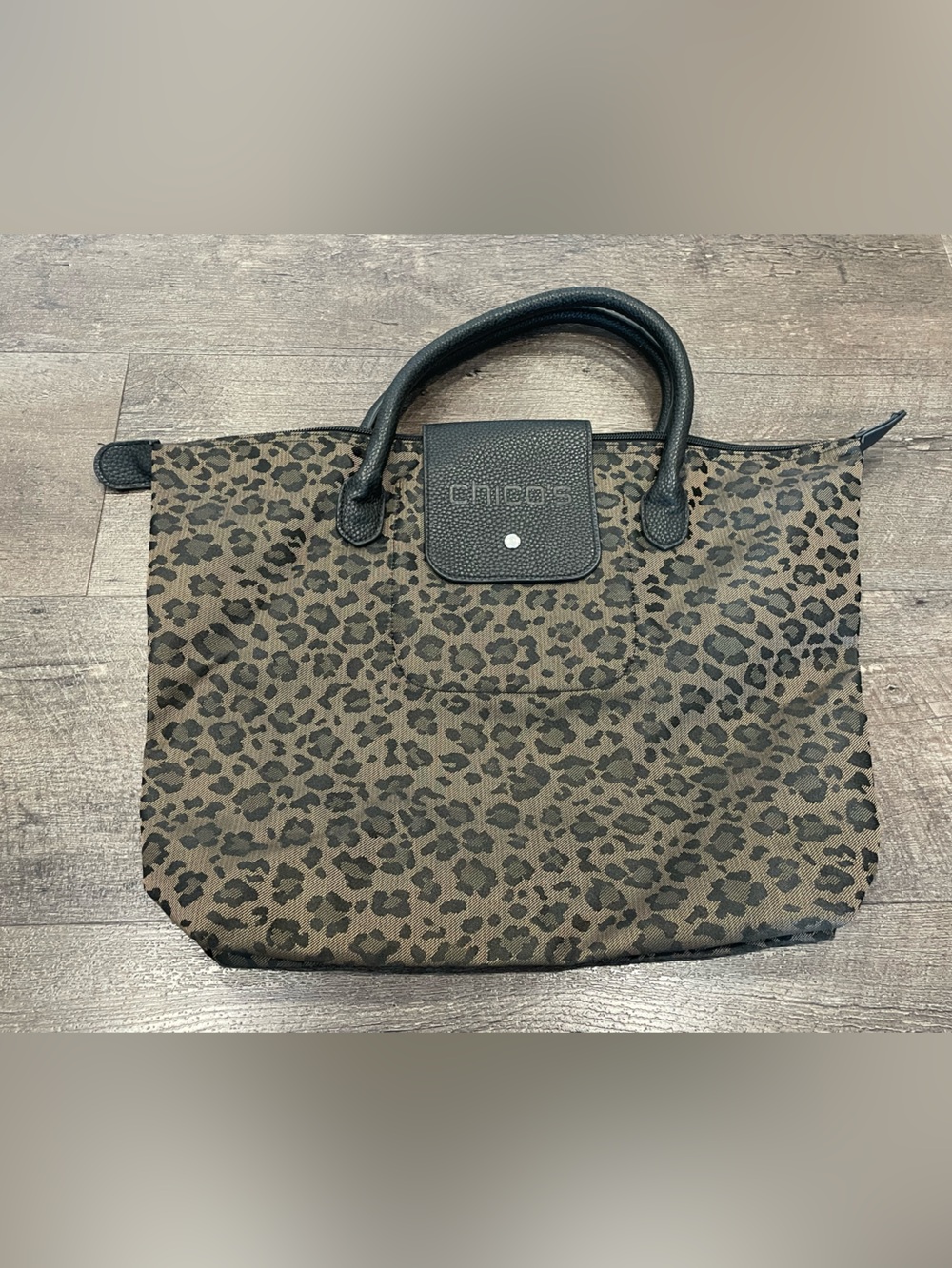 Chico’s Leopard-Print Foldable Tote Bag with Black Handles Travel Tote